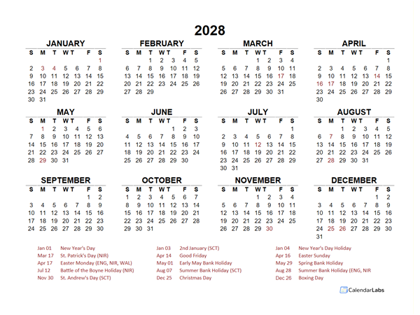 2028 Year at a Glance Calendar with UK Holidays
