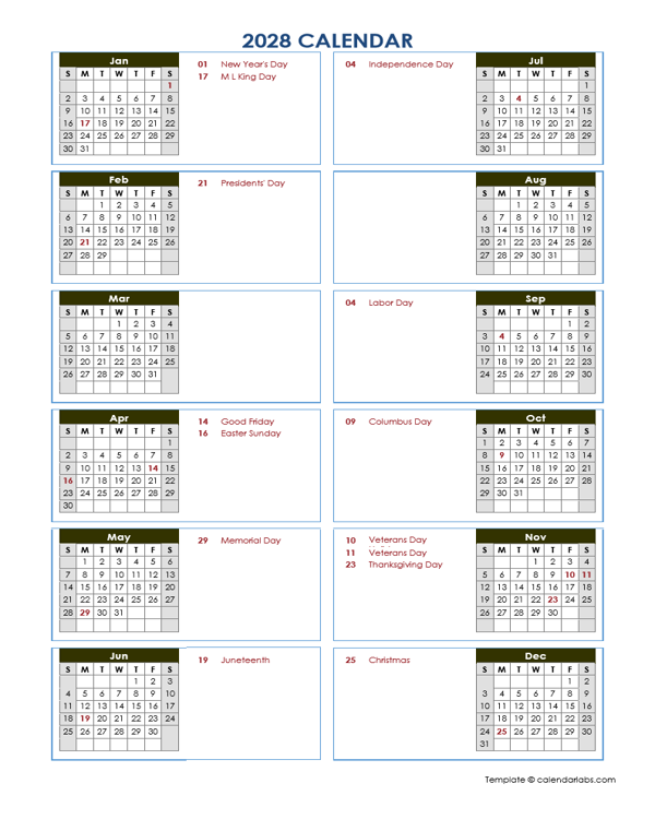 2028 Year At A Glance Word Calendar Template