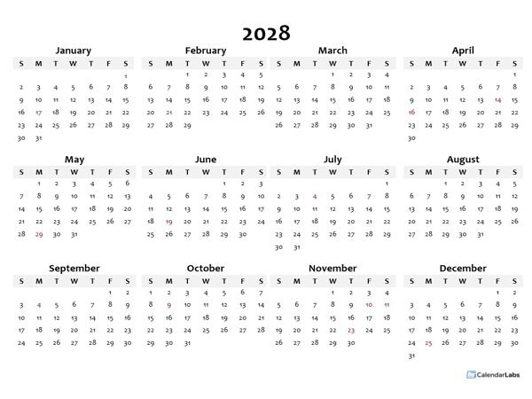2028 Yearly Blank Calendar Template