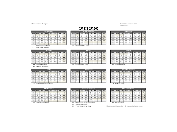 2028 Yearly Business Calendar With Week Number