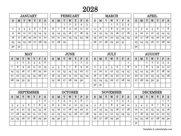 2028 Blank Yearly Calendar Landscape