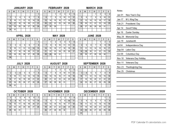 2028 Yearly Calendar PDF