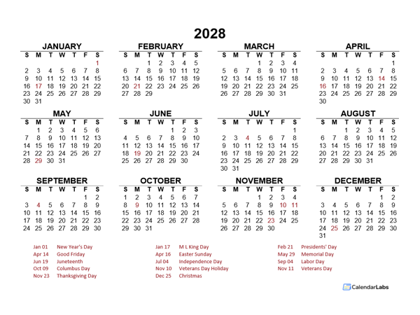 2028 Yearly Calendar Template Excel