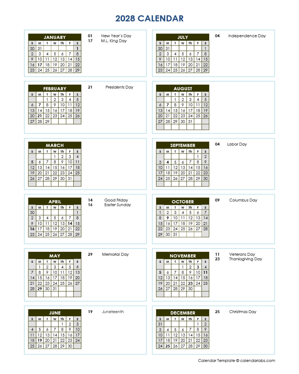 2028 Full Year Calendar Vertical Template
