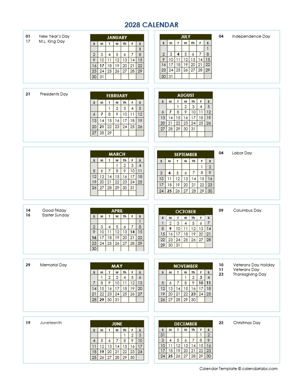2028 Annual Calendar Vertical Template