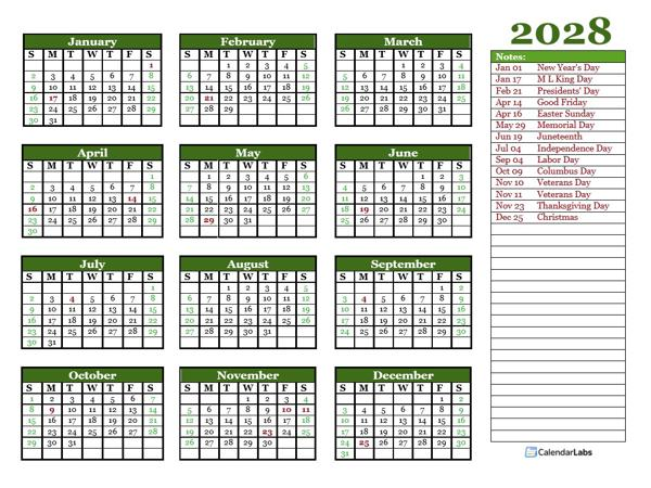 2028 Yearly Calendar With Blank Notes