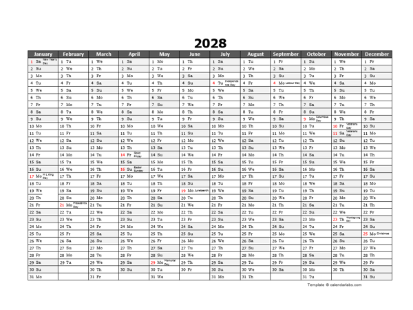 Editable 2028 Yearly Excel Scheduling Calendar