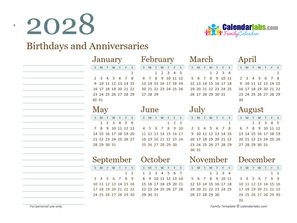 2028 Yearly Family Calendar