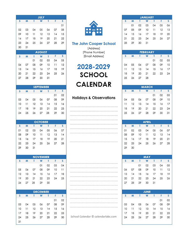 2028 Yearly Free Editable School Jul-Jun Calendar
