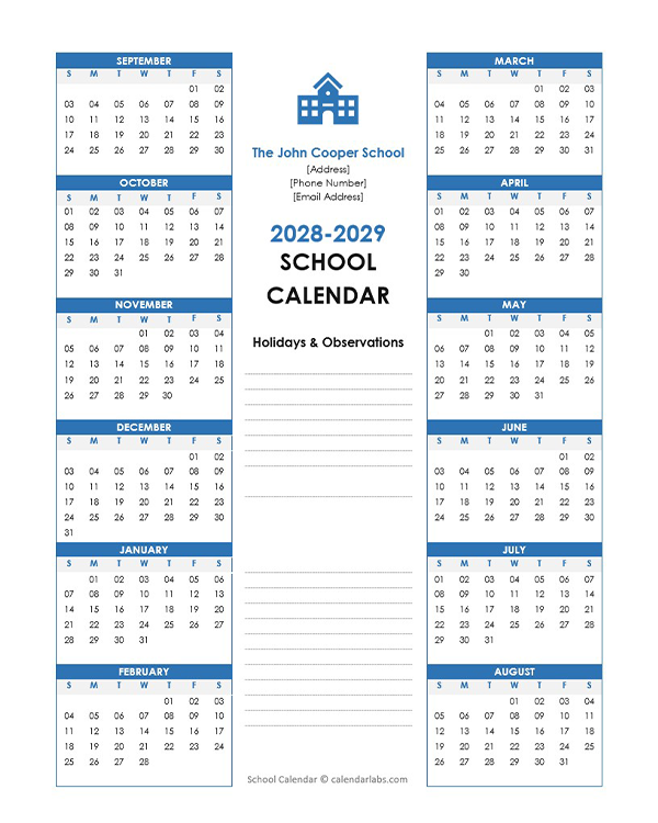 2028 Yearly Free Editable School Sep-Aug Calendar