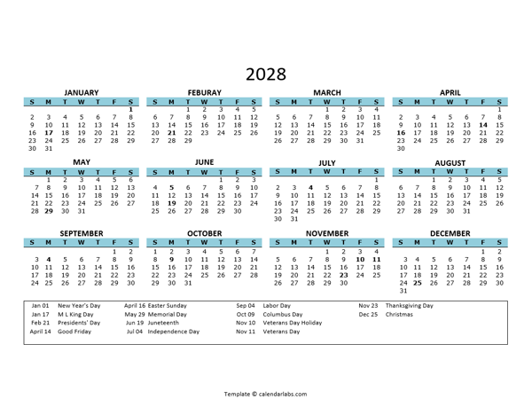 2028 Yearly Google Docs Calendar With Holiday
