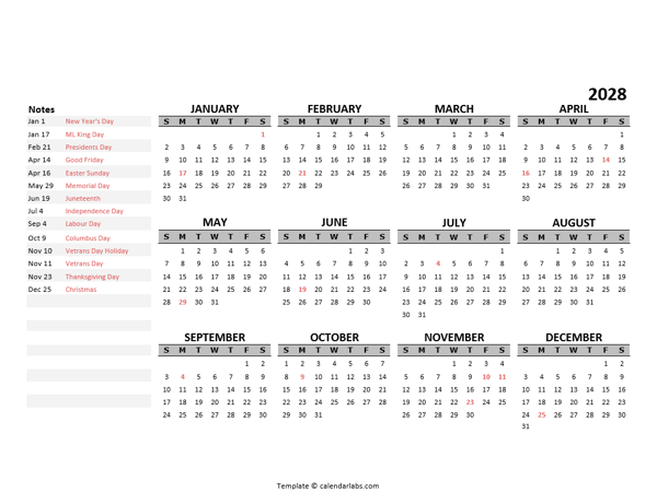 2028 Yearly Google Docs Calendar Template