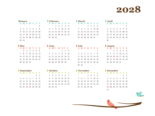 2028 Yearly India Calendar Design Template