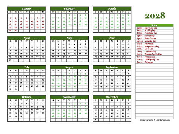 2028 Yearly Large Calendar For Wall