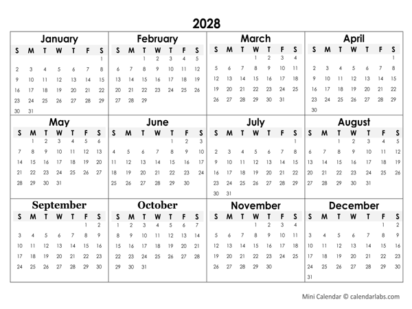 2028 Yearly Mini Calendar Template