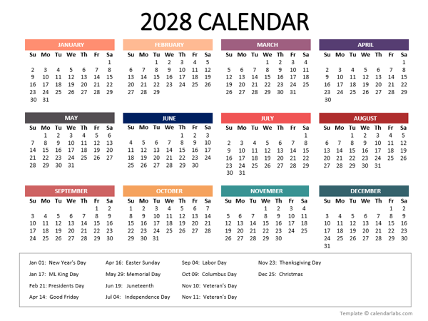 2028 Yearly Powerpoint Calendar Slide