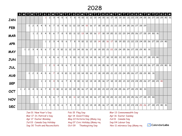 2028 Yearly Project Timeline Calendar Canada