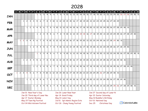 2028 Yearly Project Timeline Calendar Hong Kong