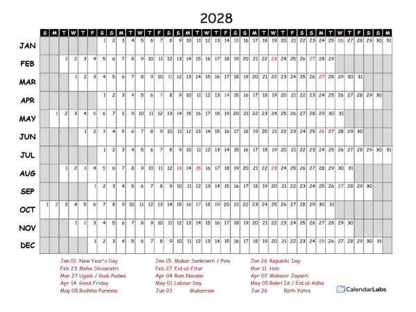 2028 Yearly Project Timeline Calendar India