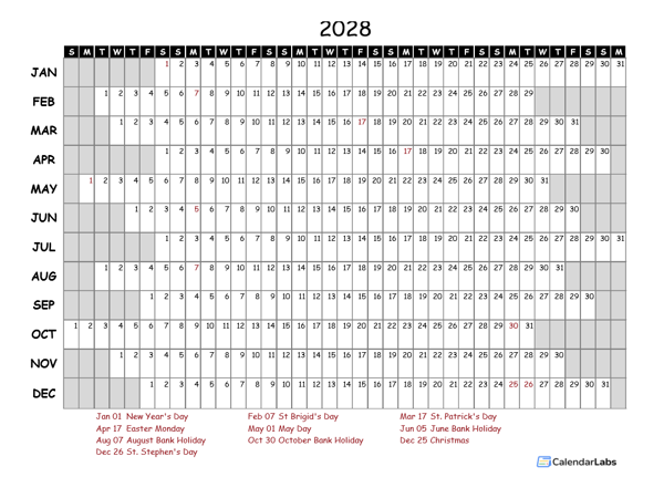 2028 Yearly Project Timeline Calendar Ireland
