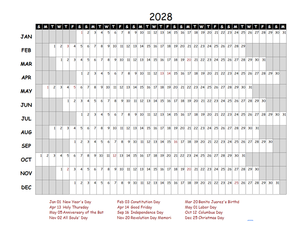 2028 Yearly Project Timeline Calendar Mexico