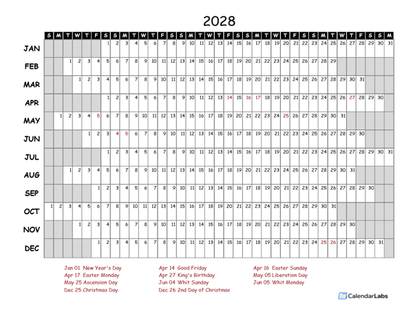 2028 Yearly Project Timeline Calendar Netherlands