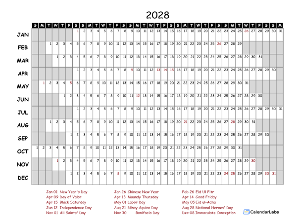 2028 Yearly Project Timeline Calendar Philippines