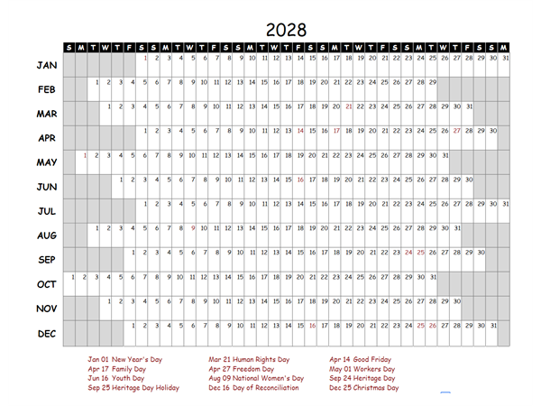 2028 Yearly Project Timeline Calendar South Africa