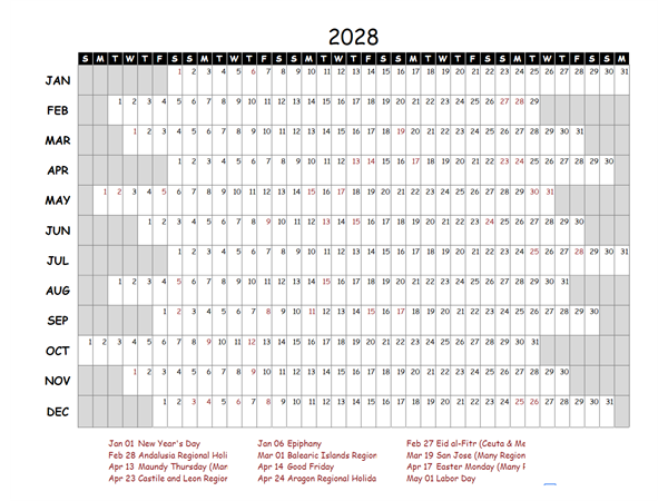 2028 Yearly Project Timeline Calendar Spain