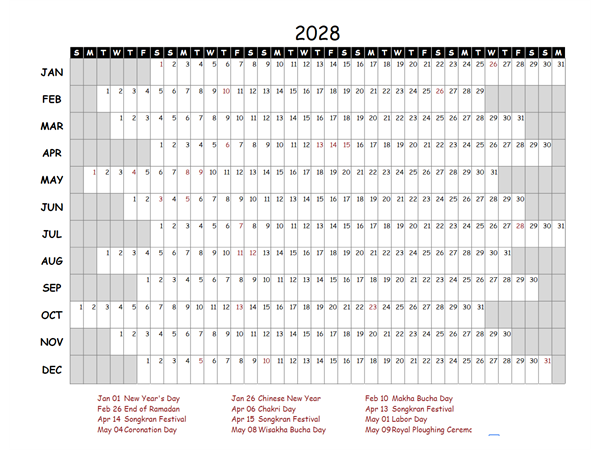 2028 Yearly Project Timeline Calendar Thailand