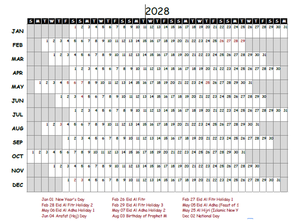2028 Yearly Project Timeline Calendar UAE