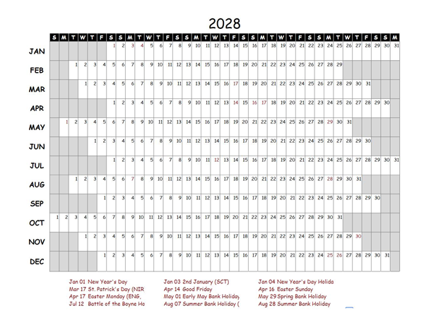 2028 Yearly Project Timeline Calendar UK