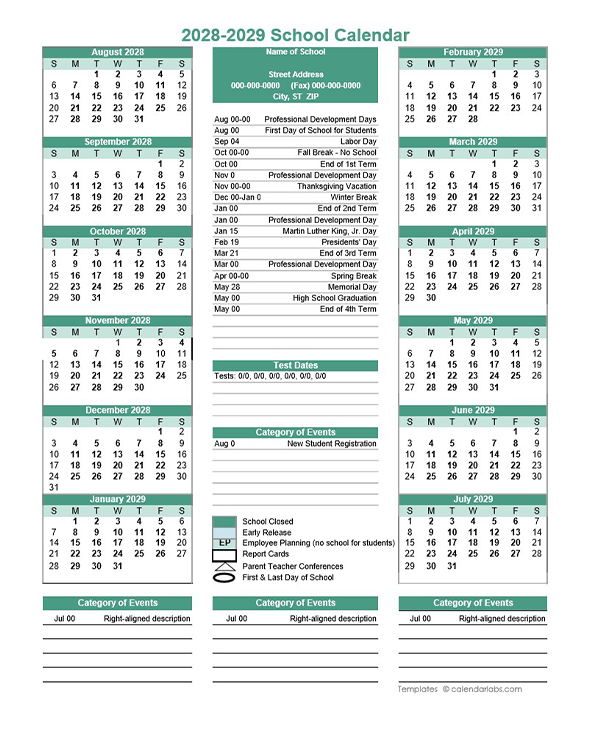 2028 Yearly School Calendar Template Editable Aug-Jul