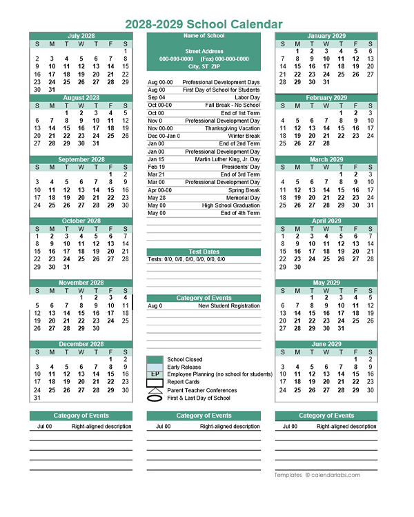 2028 Yearly School Calendar Template Editable Jul-Jun