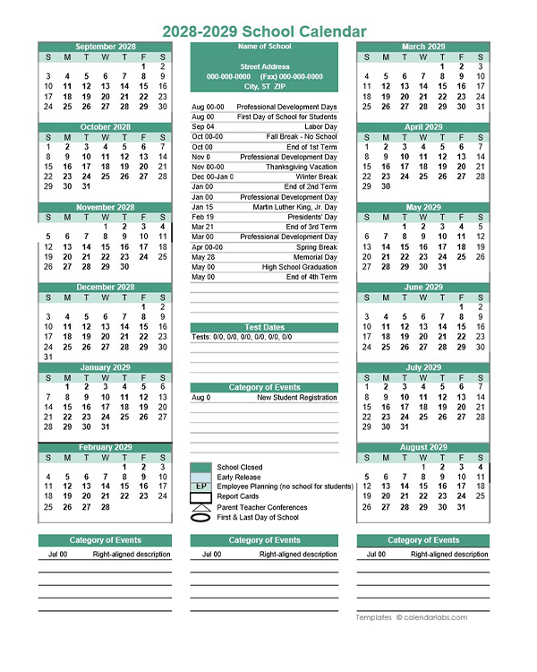 2028 Yearly School Calendar Template Editable Sep-Aug