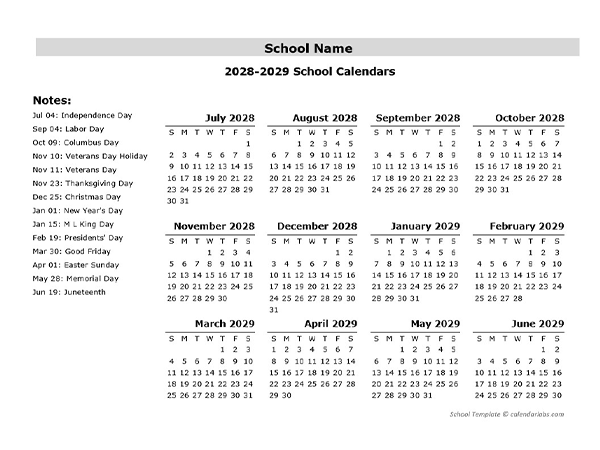 2028 Yearly School Jul-Jun Calendar With Holidays
