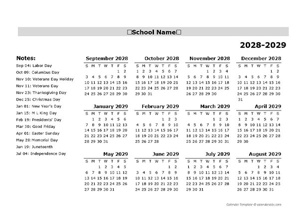 2028 Yearly School Sep-Aug Calendar With Holidays