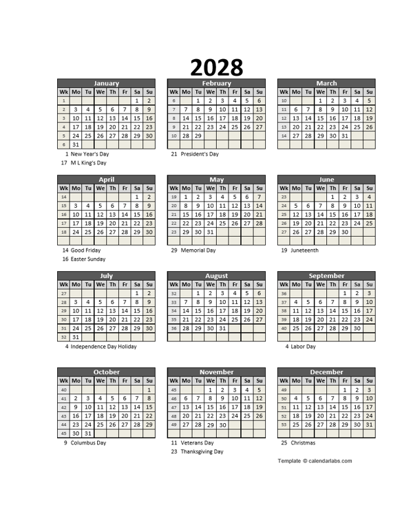 Editable 2028 Yearly Spreadsheet Calendar