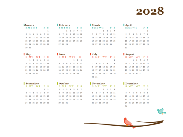 2028 Yearly UK Calendar Design Template