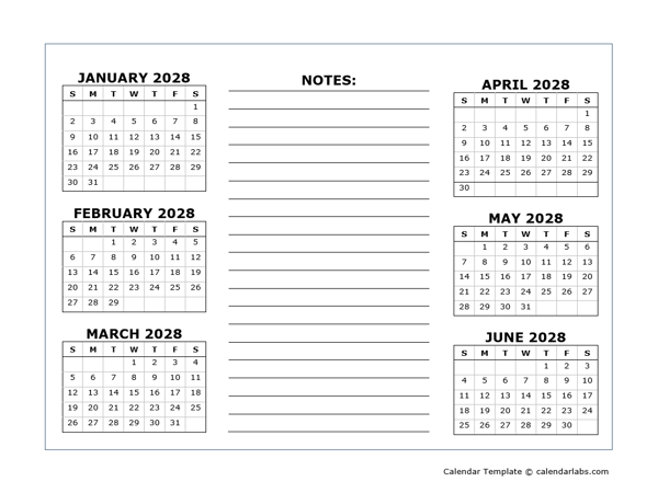 6 Months Per Page Calendar Template 2028