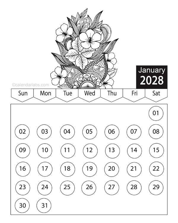 Free 2028 Floral Coloring Calendar