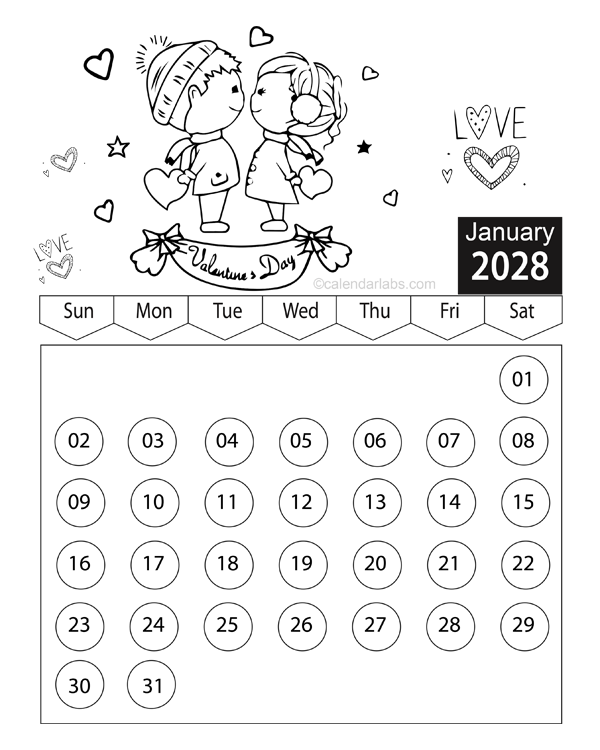 Valentines Day 2028 Coloring Calendar