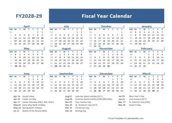 2028-29 Fiscal Year Calendar Template UK