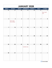 2028 Australia Calendar Spreadsheet Template