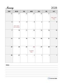 2028 Australia Calendar Template Large Boxes