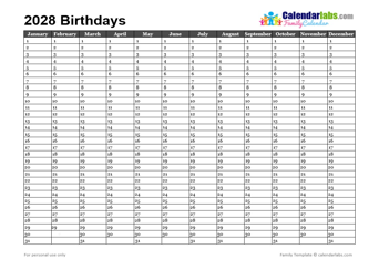2028 Birthday Calendar Template