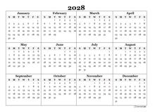 2028 Blank Yearly Calendar Template