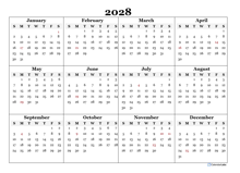 2028 Blank Yearly Word Calendar Template