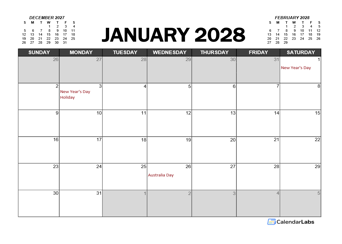 2028 Calendar Planner Australia Excel