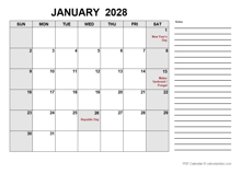 2028 Calendar with India Holidays PDF